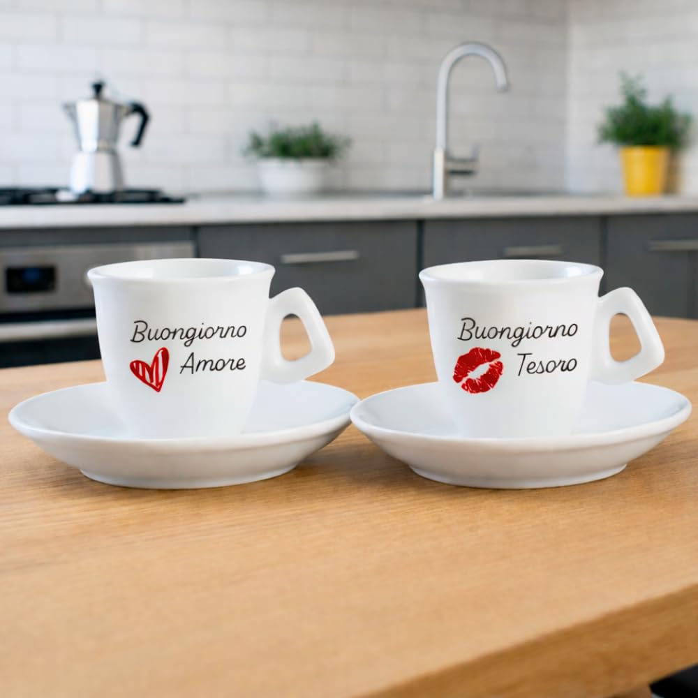 BrandPrint Set 2 Tazzine Caffè con Piattino - Serigrafia Artigianale BUONGIORNO AMORE, BUONGIORNO TESORO in Box Elegante - 100% Made in Italy - Regalo Coppia San Valentino, Anniversario, Matrimonio