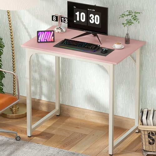BLKMTY 32' Home Office Desk, Computer Desk Writing Wood PC Study Table Work Desks Modern Simple Style Laptop Table with Metal Frame and Smooth Tabletop for Workstation Bedroom, Pink