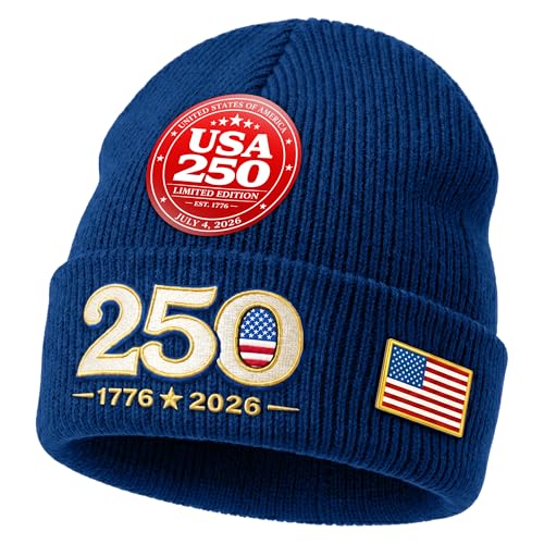 Jester Fiesta USA 250th Anniversary Beanie Hat 1776–2026 – Blue - 3D Embroidered Patriotic Knit Cap with American Flag – Soft Acrylic – One Size Fits All – Patriotic 4th of July Independence Day Gift