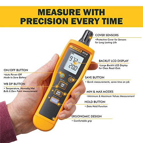 Image of Fluke 972B Digital Temperature Humidity Meter, (Thermo-Hygro Meter) with Dew Point & Wet-Bulb Measurement Backlit LCD Display 99 Memory Storage Min-Max-Data Hold with 1 Year Replacement Warranty
