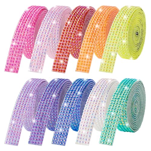 LYXMYGS 10-Yard Bedazzling Strips 5-Rows Rhinestone Ribbon Self Adhesive 10-Rolls Rhinestone Strips for DIY Craft Rhinestones for Crafting Home Decor and Special Events 10 Colors 0.45inch Width
