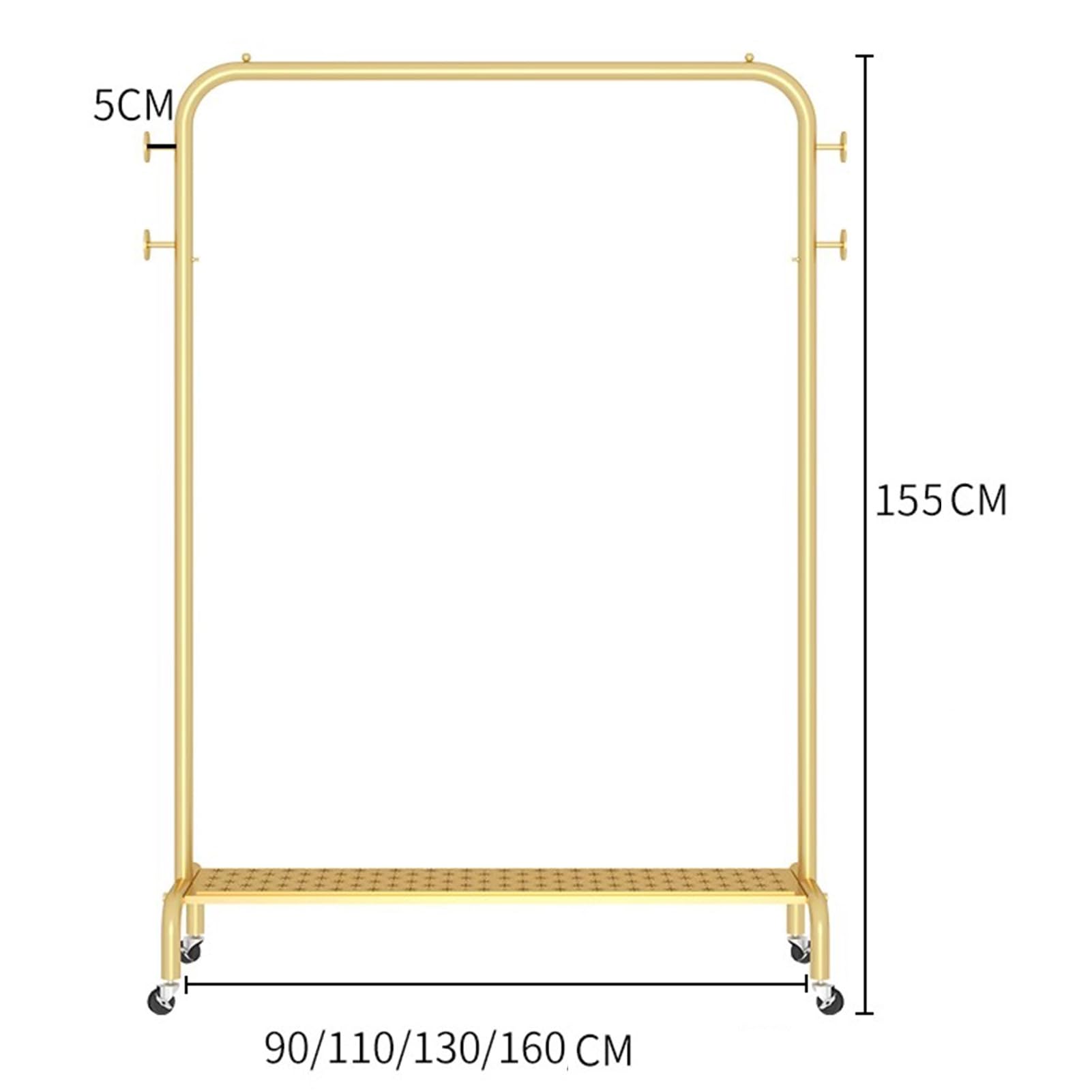 Percheros Burro Perchero Metálico con Baldas Y 4 Ganchos, Estante De Ropa sobre Ruedas, Riel De Ropa Resistente para Dormitorio Y Lavadero, Organizador De Ropa Portátil, Dorado(Size:160X40X155CM)