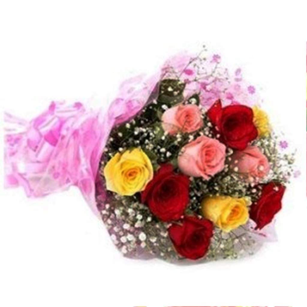 Ditva™ TFM New Year Special Fresh Flowers Bouquet of 10 Mixed Roses in Cellophane Wrapping (Multicolour)-image-8