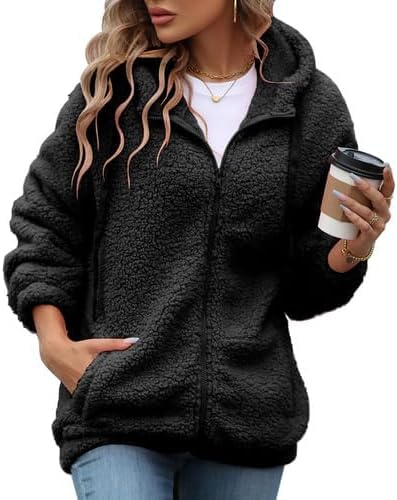 Womens Fleece Jacket Fall Winter Full Zip Sherpa Coat with Hood S-5XL - Image 2