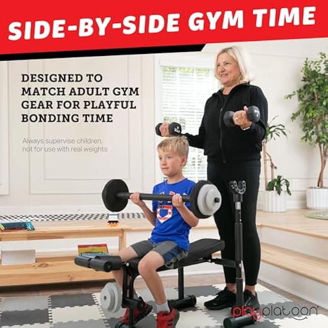 Play Platoon Kids Weight Bench Set - Kids Gym Equipment for Home - Bench Press Weight Sets for Boys - Toddler Gym Set Workout and Exercise Equipment - Ages 3+