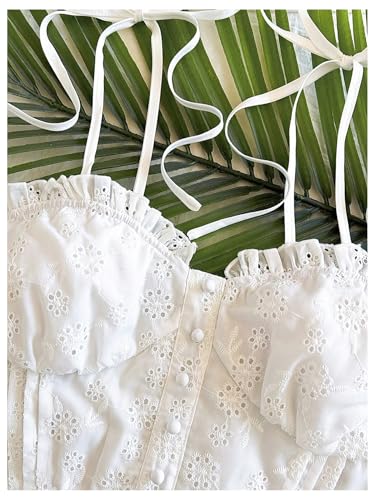 SweatyRocks Women's Tie Shoulder Eyelet Embroidery Crop Top Frilled Button Front Smocked Tops4