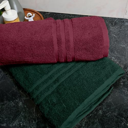 Image of Divine Casa 100% Cotton Bath Towel Set of 2, 550 GSM Ultra Soft Highly Absorbent Thick Towels, Large 75 x 150 cm, Maroon & Green Combo