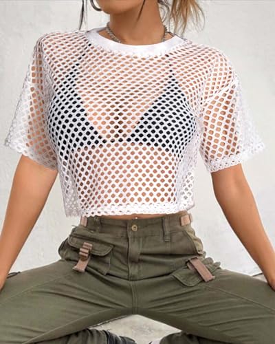 Image of Women's Mesh Top Fishnet T Shirts Sheer Loose Short Sleeve See Through Crop Tops