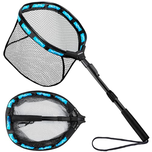 Image of PLUSINNO Fishing Net Fish Floating Landing Net, Kayak Nets with Fixed Foldable Telescopic Pole Handle, Bass Trout Fishing Nets with Nylon Mesh for Pond Lake River, Fishing Gear Gifts for Men Anglers