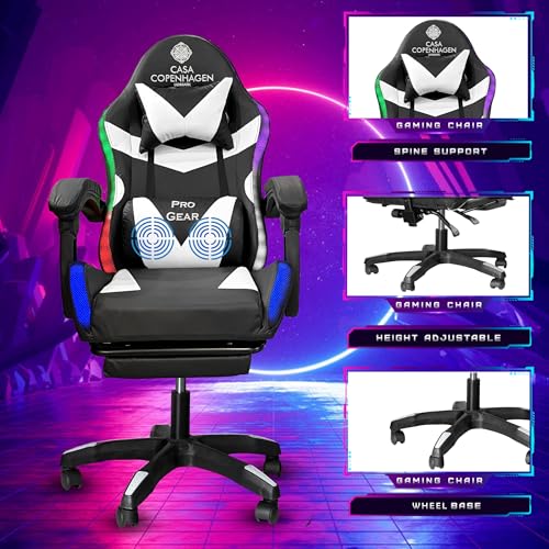 Image of Casa Copenhagen Designed in Denmark,High-Back Italian Leather Gaming Ergonomic Chair with Advanced Mechanism with LED Light & Electric Back Massager, Memory Foam Seating - White & Black