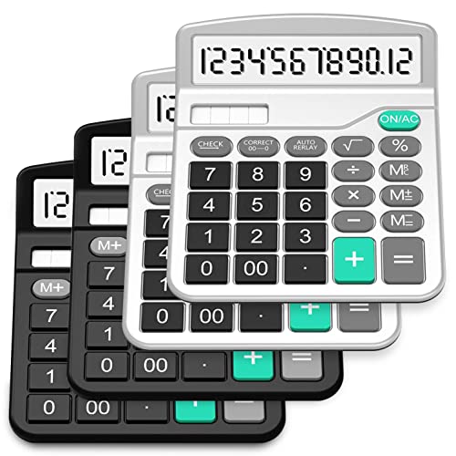 Calculator, Splaks 4 Pack Standard Functional Desktop Calculator Solar And Aa Battery Dual Power Electronic Calculator With 12-Digit Large Display (2 Basic Black& 2 Updated Silver) #TOP2