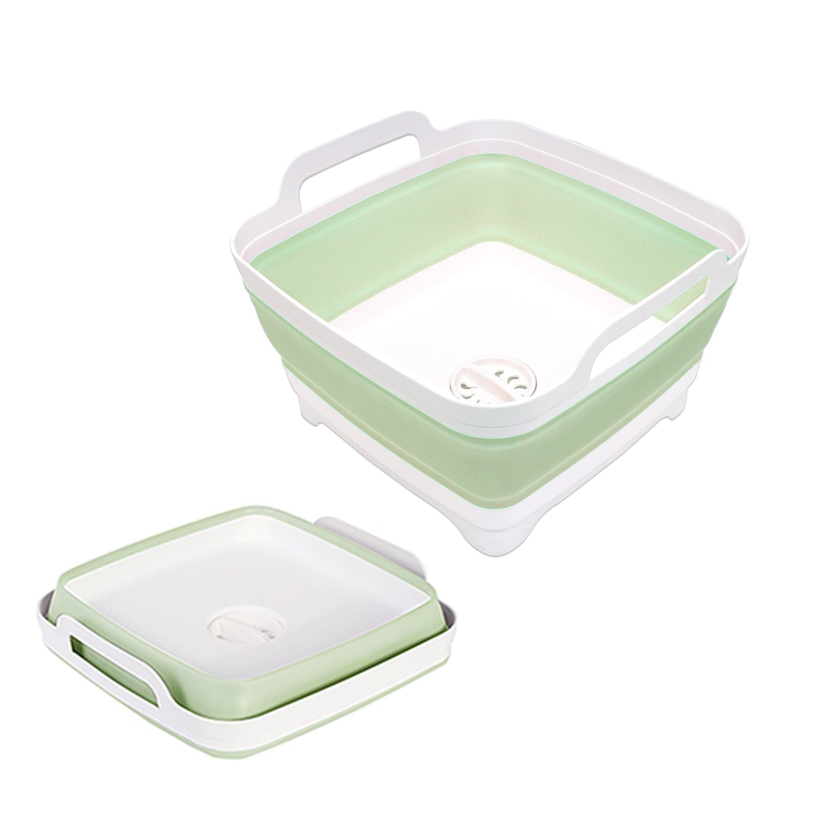 AOHRYME 2.4 Gal(9L) Collapsible Dish Basin with Drain Plug, Space Saving Outdoor Multiuse Foldable Sink Tub, Dishpan, Kitchen Storage Tray for Camping, Vegetable Washing, RV (Green)
