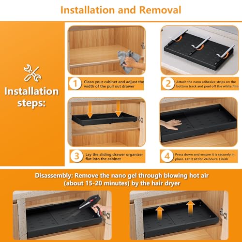 Pull Out Cabinet Organizer, 21" Deep, Expandable(12.6"-21.3"), Slide Out Drawers for Cabinets with Adhesive, Adjustable Roll Out Shelves for Kitchen Pantry (Black-2 Pack, 21"D x 12.6"W x 2.76"H)