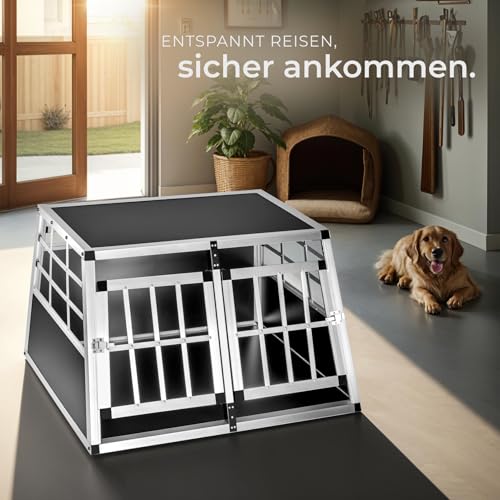 tectake® Hundebox Auto oder Hundebox für Zuhause. Aluminium Doppel Hundetransportbox, leicht und stabil, Auto Kofferraum Transportbox für bis zu 2 Hunde - 89 x 69 x 50 cm