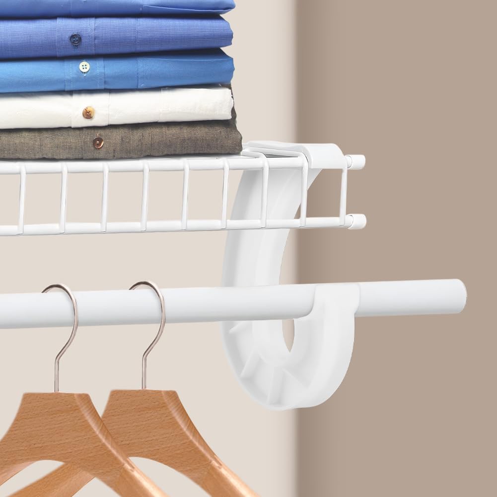 4 Pcs Hanging Closet Rod Support, J-Shaped 3/4 Closet Rod Center Support Bracket Clothes Storage Hanger Shelf Holder for Wire Shelving(White)