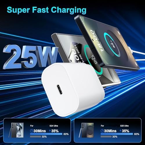 Image of 25W Super Fast Charging Adapter with 1M USB-C Cable | PD 3.0 PPS Wall Charger | Compatible with Galaxy S25 /S24 /S23 /S22, A56 /A55 /A35, Tab S10 Ultra /S10+, M & F Series Phones - White