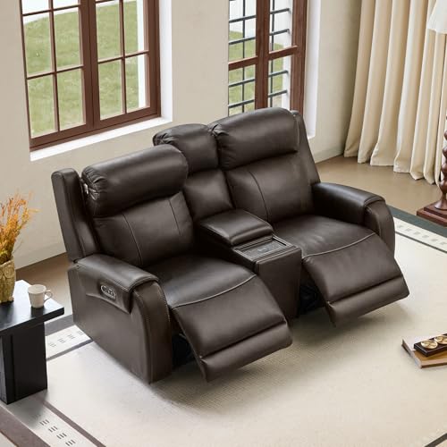 Image of CHITA Genuine Leather Power Recliner Sofa, Loveseat with Console, Brown