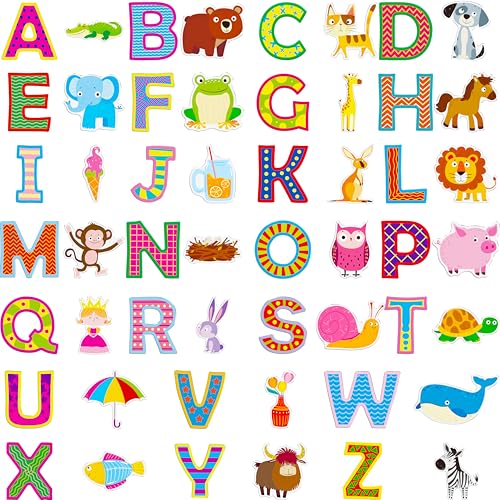 52PCS Alphabet & Animal Jelly Stickers, Thick Window Door Cling Decals Removable Reusable Gel Decals for Kids Toddlers Home Classroom Nursery Animal...