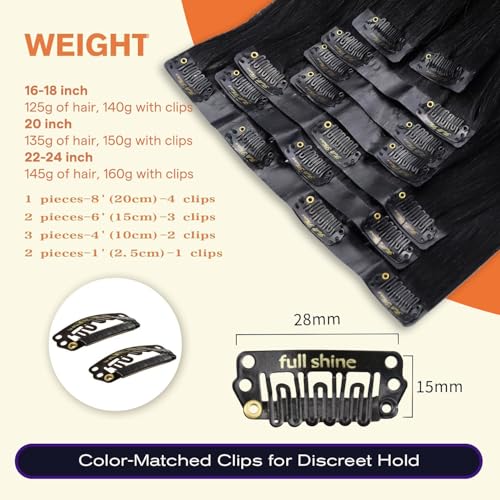 Image of Full Shine Thick Seamless Clip in Hair Extensions, 150g 20 Inch Jet Black | 8 Pcs,Remy Human Hair,Invisible PU Weft,Long Length Volume Blend for Medium Hair Density,Full Head Coverage,