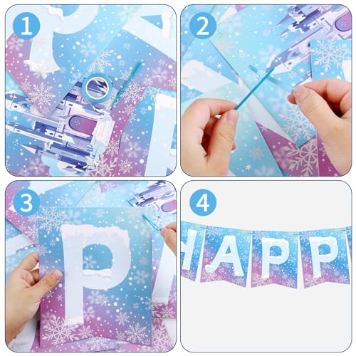 Image of Hooqict Frozen Happy Birthday Banner Birthday Party Decorations Snowflake Party Banner Garland Sign for Kids Girls Boys Winter Wonderland Decorations Christmas Holiday Frozen Themed Party Supplies