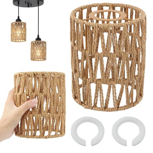 Abat Jour Rotin Main Style Boho, Lot de 2 Abat Jours Bohème avec 2 Bague D'adaptation, Style Bohèm Suspendue Lanterne de Rechange, Abats Jour Plafond, pour...