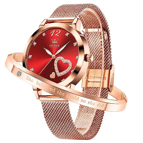 Image of OLEVS Rose Gold Watch for Women Mesh Strap Fashion Dress Hearts Japanese Quartz Waterproof Luminous Ladies Watches Bracelet Sets