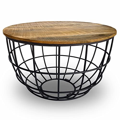 ELYFLAIR® runder Couchtisch aus Massivholz - Beistelltisch - Tisch - Mango Altholz Couchtisch Rund - Couchtisch Holz mit ausdrucksstarker Maserung - Beistelltisch Holz - ø 50cm (Einzel Nussbraun) Cover