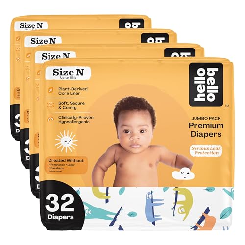 Image of Hello Bello Baby Diapers, Newborn | Extra-Absorbent | Hypoallergenic | Sleepy Sloth | 32 Count, Pack of 4