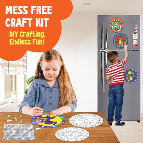Image of SparkLPlay DIY Indian Mirror Art for Kids. Coloring Set with - 6 Magnetic Cutouts,12 Color Pens & 100+ Mirror Stickers. Creative Art & Craft. Mess Free. Gifts for Kids.