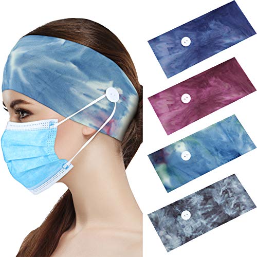 4 Pieces Tie-Dye Cotton Button Headbands Elastic Yoga Sports Hairbands Ear Protection Holder Hair Band Headwraps for Women (Simple Pattern)