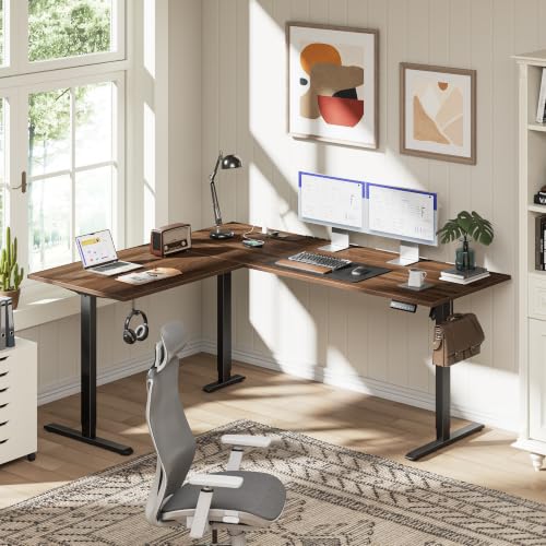Image of 63 Inch L Shaped Electric Standing Desk, Corner Workstation, Dark Walnut | 3 AC outlets, 2 USB ports, cable tray, cord clips, 3 memory presets, anti-collision and 176 lb capacity for home office.