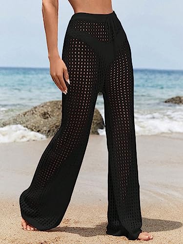 COZYEASE Women's Beach Cover Up Pants Hollow Out Drawstring Elastic High Waist Bathing Suit Cover Up Beach Pants3