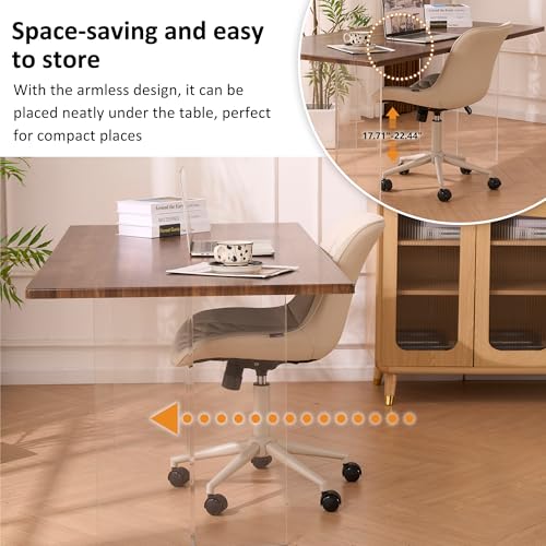Image of YOUNIKE Faux Leather Office Desk Chair Comfy Vanity Chair Armless Cream | Ergonomic Upholstered Rocking Back, Swivel with Wheels, Height Adjustable, Modern Task Chair For Computer Sewing Drafting