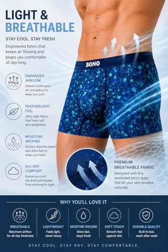 Image of BONO Men's Printed Trunks Regular Fit Cotton Blend Anti-Bacterial Microfibre Comfortable Waistband Underwear
