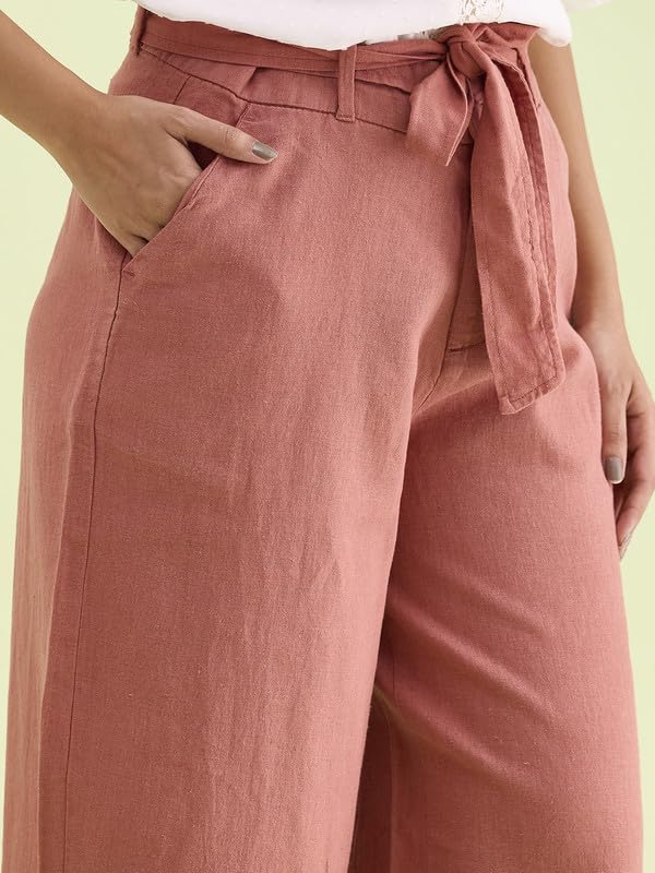 Image of GO COLORS Solid Linen Culottes for Women | High Rise, Side Pockets, Front tie-up