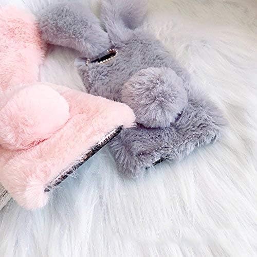 Bonitec Compatible with iPhone 12 Rabbit Case, Bling Fur Case for Girls Luxury Cute Warm Handmade Rabbit Bunny Furry Fuzzy Fluffy Soft 3D Ear Hair Plush Ball Protective Case Cover for Women Grey