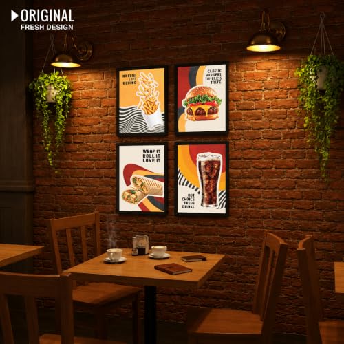 Image of Chaka Chaundh - Restaurant wall decoration items - unique Cafe quotes wall frames - funny Food walls frame - French fries frame art - Burger wall frame, Rolls and wraps wall frame, Cold Drink wall art. ( 14X11 inch. Set OF 4 )