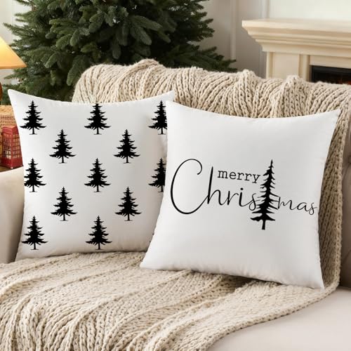 JOJOGOGO Black Christmas Tree Throw Pillow Covers 18x18 Set of 2, Minimalist Christmas Decor Decorative Throw Pillows 18 x 18, Neutral Black and White Xmas Decor for Bed Couch & Living Room