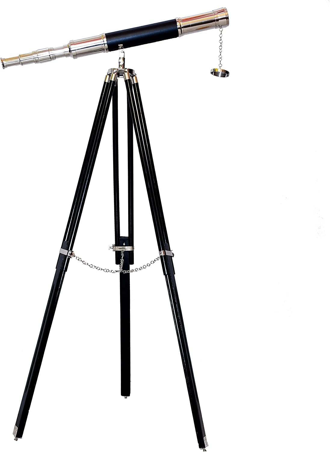 Handmade Antique Vintage Chrome/Nickle Finish Telescope Nautical Design Single Barrel Adjustable Black Wooden Floor Standing Tripod for Authentic Decor
