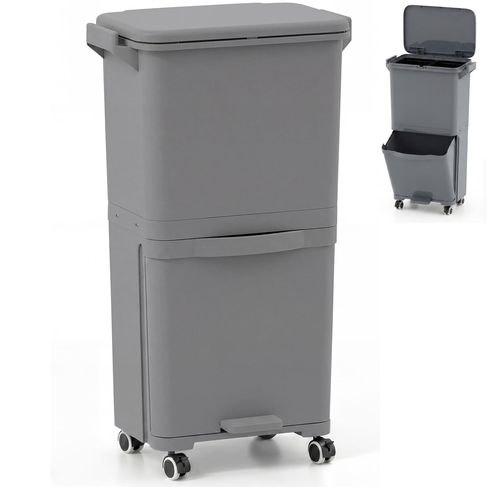 TANGZON Recycling Bins, 40L Trash Can Garbage Bin with 3 Compartments, Wheels, Classification Stickers & Handle, Vertical Waste Separation System for Kitchen Home (42x28x74cm, with 2 Removable Bins)