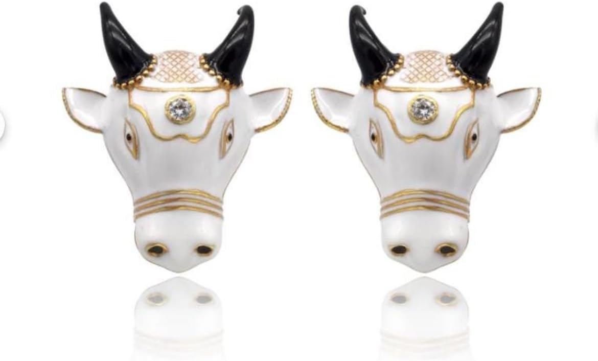 Bull Head Cufflinks, White and Gold Enamel, Black Horns, Novelty Animal Theme