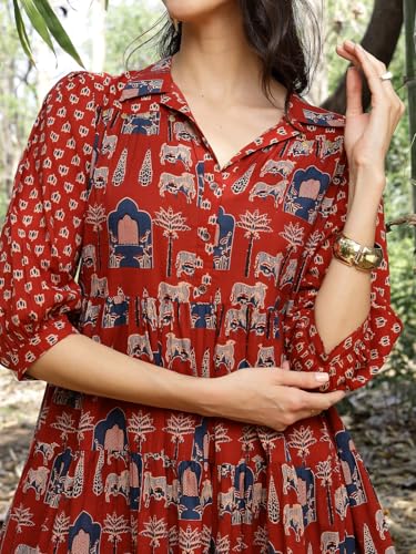 Image of Stylum Women's Rust Ethnic Printed Cotton Flared Dress