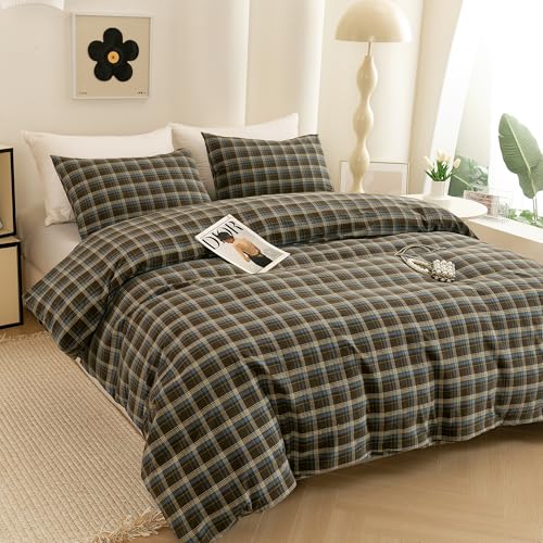 Image of ECOCOTT Buffalo Plaid Duvet Cover Queen Size - 3 Piece Washed Cotton Brown & Blue Bedding Set, Soft & Breathable, Reversible Checkered Design with Zipper Closure & Corner Ties