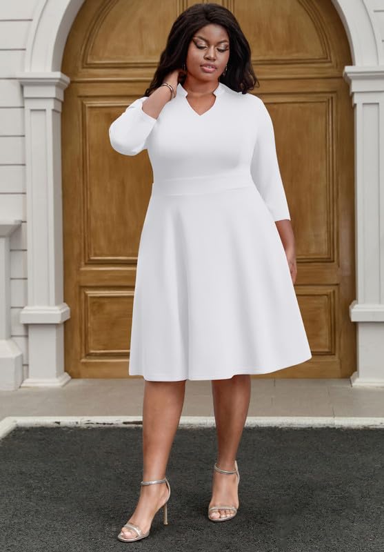 MarryUP Church Dress for Women V Neck 3/4 Sleeve Midi Causal Cocktail Party A-Line Dresses with Pockets