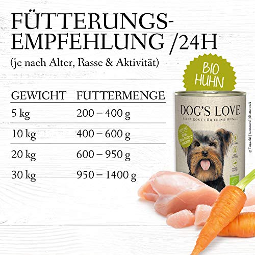 DOG'S LOVE Hundefutter nass getreidefrei in 100% Bio-Lebensmittelqualität Aller Rohstoffe und hohem Fleischanteil, Premium Nassfutter Made in Austria – von Veterinären geprüft – Huhn Adult (6 x 400g)