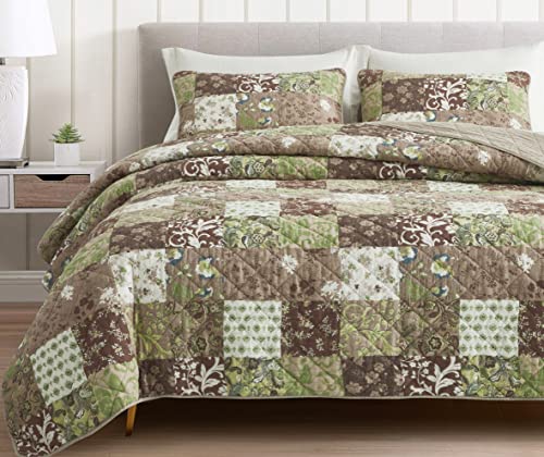 Chezmoi Collection Leilani - Juego de edredón de algodón lavado bohemio de 2 piezas, tamaño individual, ropa de cama acolchada bohemia, color marrón, gris pardo, verde, blanco, estampado floral, juego