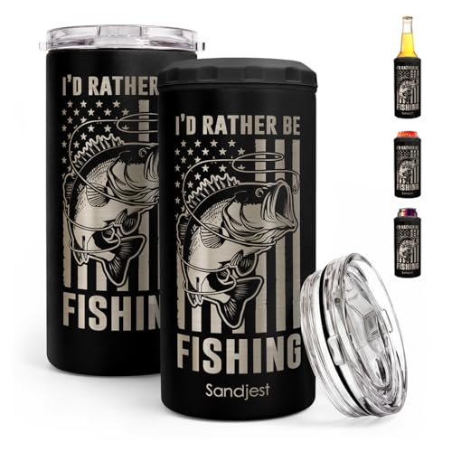 Image of I'd Rather Be Fishing American Flag Can Cooler 12oz - Travel Mug Cup - Stainless Steel Insulated for Men Fishermen - Tumbler Cans Koozie, Gift for Dad Brother Christmas, Birthday, Father's Day