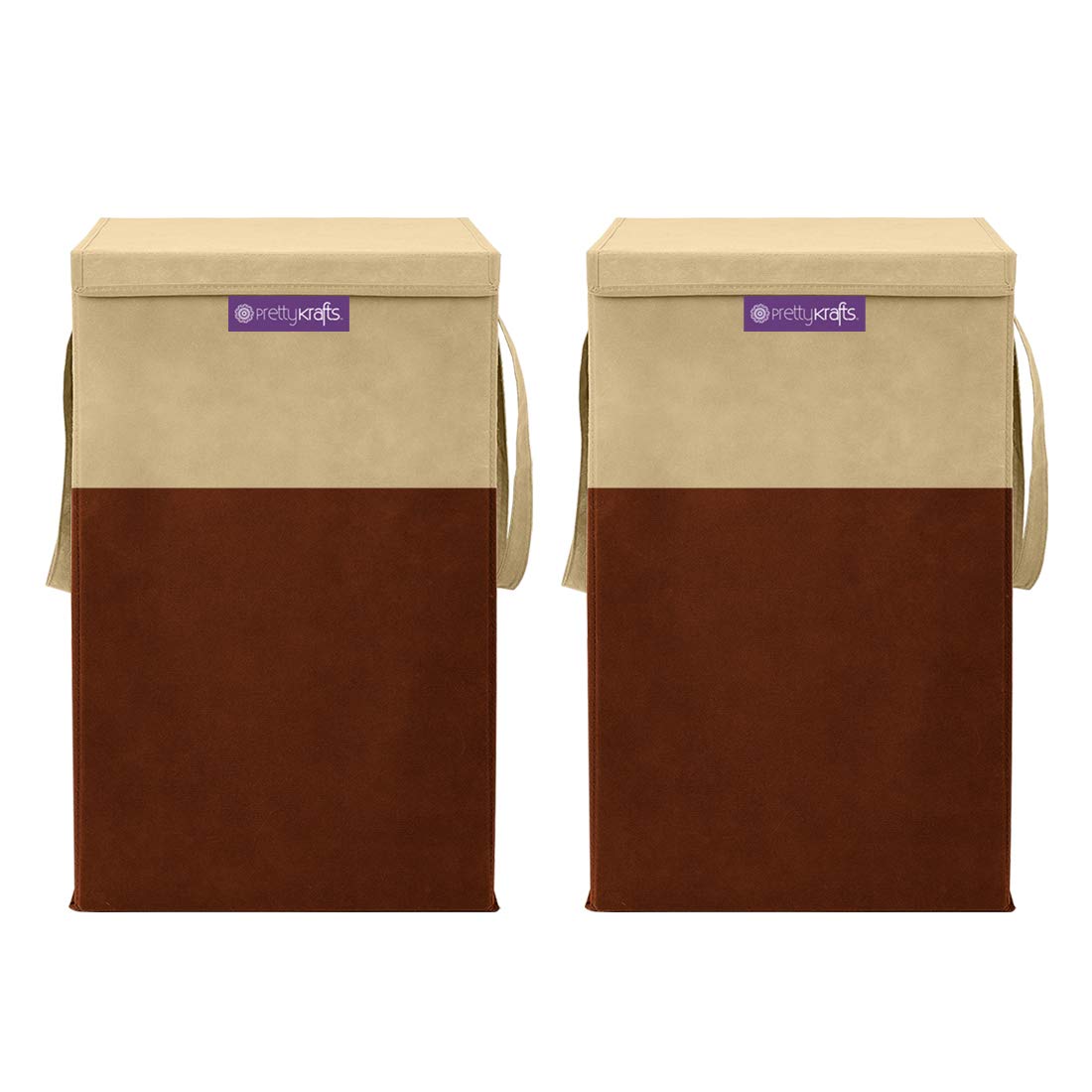 PrettyKrafts 35 L Non Woven Rectangular Foldable Large Laundry Bag/Basket With Lid & Handles, Freestanding Clothes Storage Organizer for Bedroom, Dorm (30x30x40cm, Brown, Set of 2)