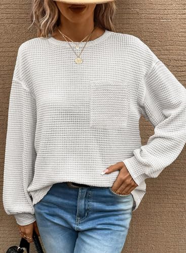 Image of Dokotoo Womens Waffle Knit Tops 2026 Oversized Long Sleeve Crewneck Shirts Business Casual Blouses Basic Shirts