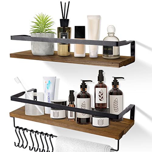 AGM Wandregal Holz 2er Set mit Handtuchhalter, schwimmende Regale Wand...